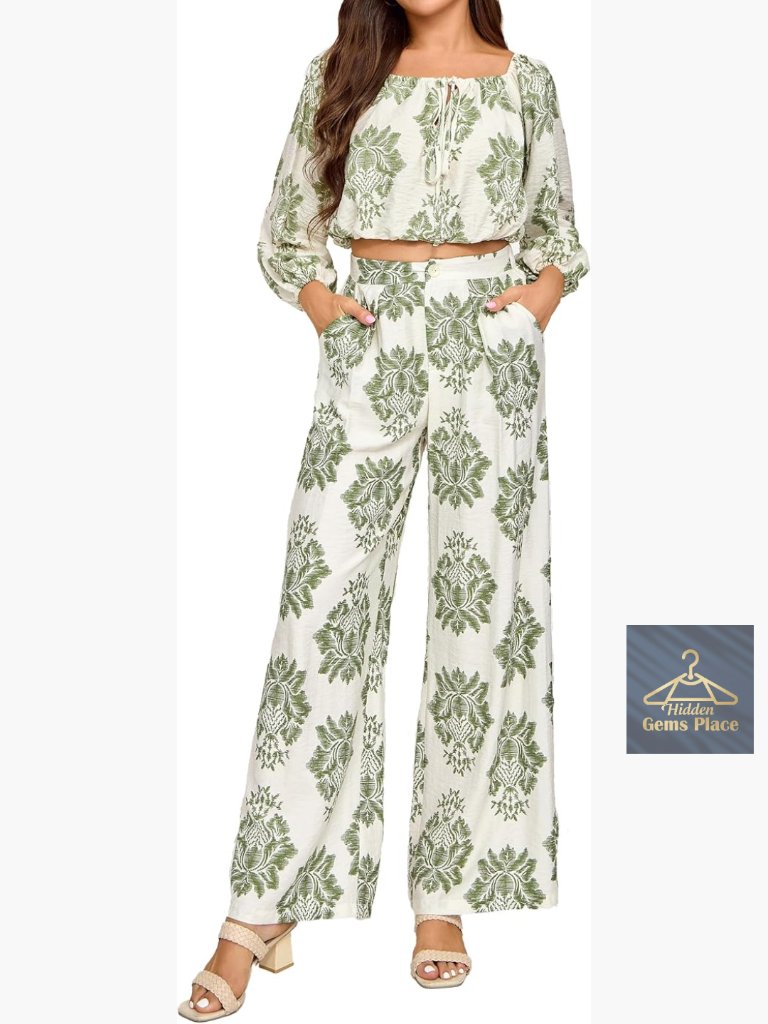 Floral Two-Piece Set Long Sleeve Off Shoulder Crop Top Wide Leg Pants